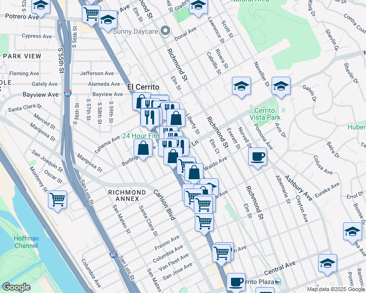 map of restaurants, bars, coffee shops, grocery stores, and more near 1007 Liberty Court in El Cerrito