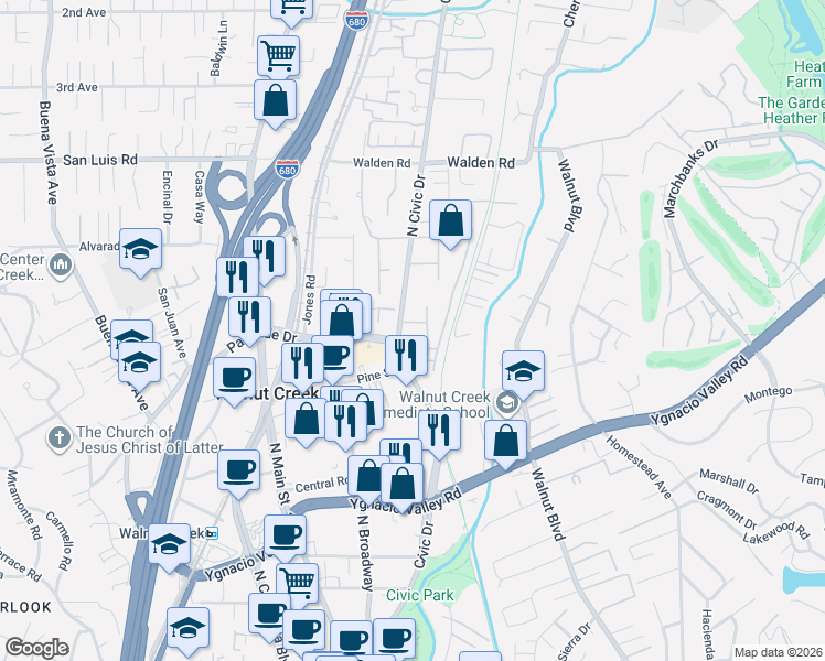 map of restaurants, bars, coffee shops, grocery stores, and more near 350 North Civic Drive in Walnut Creek