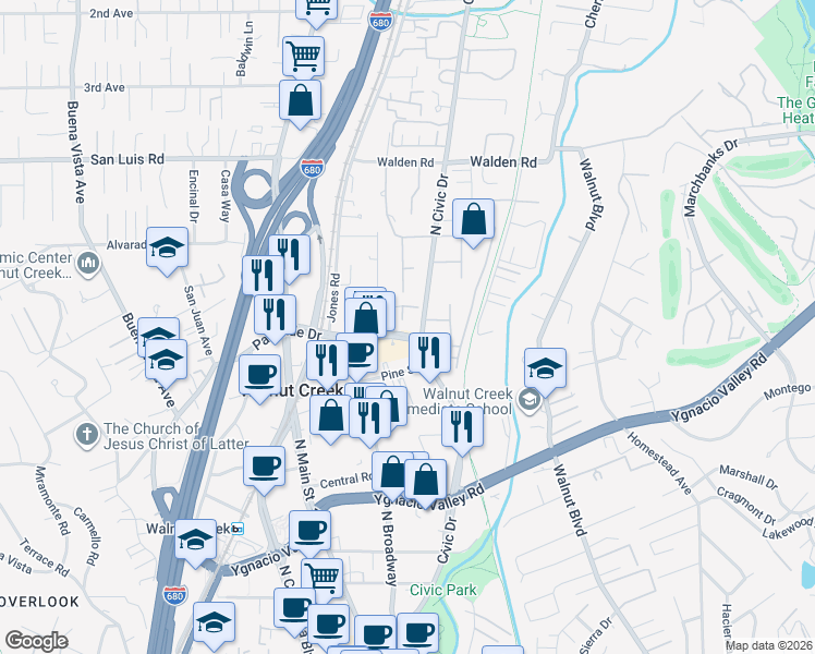 map of restaurants, bars, coffee shops, grocery stores, and more near 318 Preakness Court in Walnut Creek