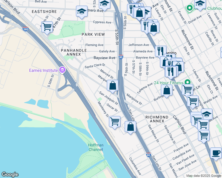 map of restaurants, bars, coffee shops, grocery stores, and more near 1466 Carlson Boulevard in Richmond