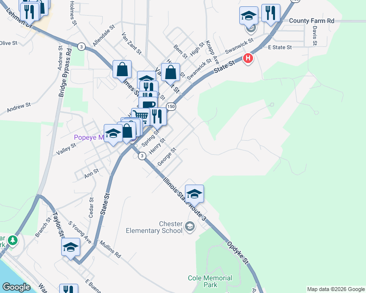 map of restaurants, bars, coffee shops, grocery stores, and more near 1144 George Street in Chester