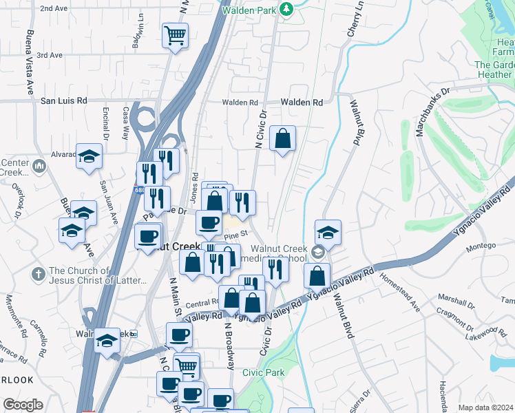 map of restaurants, bars, coffee shops, grocery stores, and more near 340 North Civic Drive in Walnut Creek
