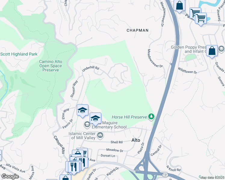 map of restaurants, bars, coffee shops, grocery stores, and more near 4 Salt Creek Lane in Mill Valley