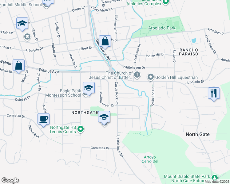 map of restaurants, bars, coffee shops, grocery stores, and more near 86 Castle Rock Court in Walnut Creek