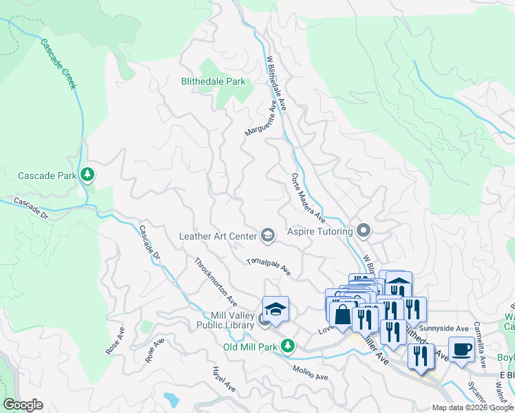 map of restaurants, bars, coffee shops, grocery stores, and more near 41 Beverly Terrace in Mill Valley