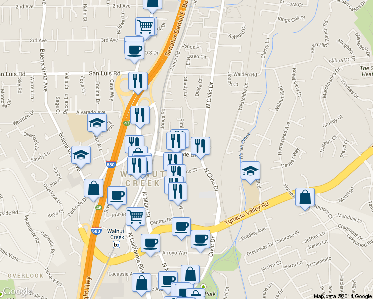map of restaurants, bars, coffee shops, grocery stores, and more near 309 Preakness Court in Walnut Creek