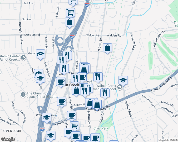 map of restaurants, bars, coffee shops, grocery stores, and more near 309 Preakness Court in Walnut Creek