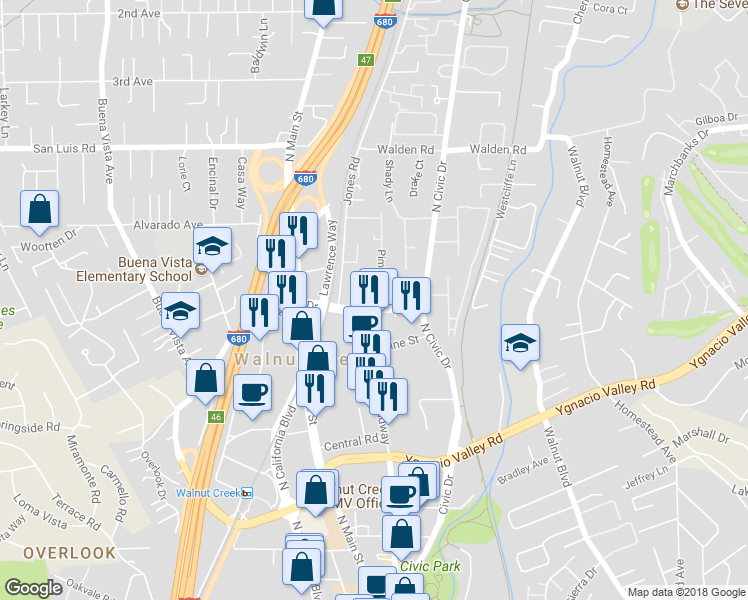 map of restaurants, bars, coffee shops, grocery stores, and more near 589 Pimlico Court in Walnut Creek