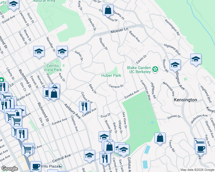 map of restaurants, bars, coffee shops, grocery stores, and more near 7812 Terrace Drive in El Cerrito
