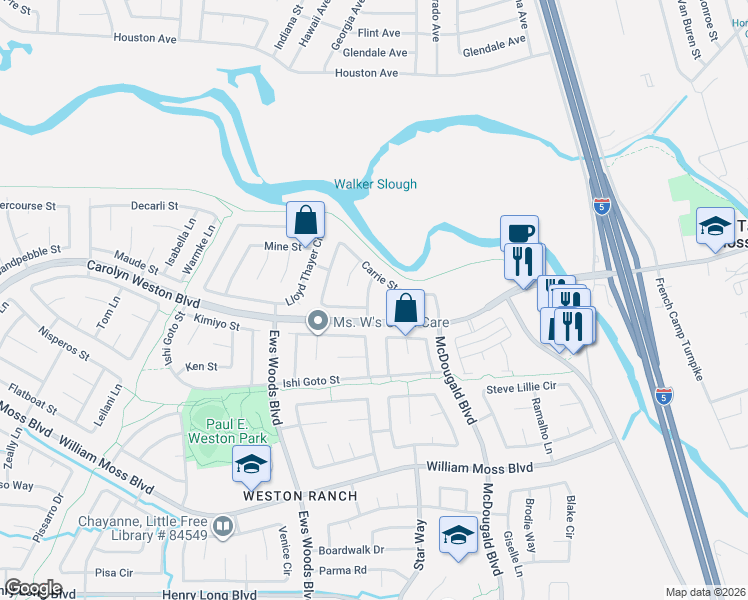 map of restaurants, bars, coffee shops, grocery stores, and more near 3350 General Mueller Lane in Stockton
