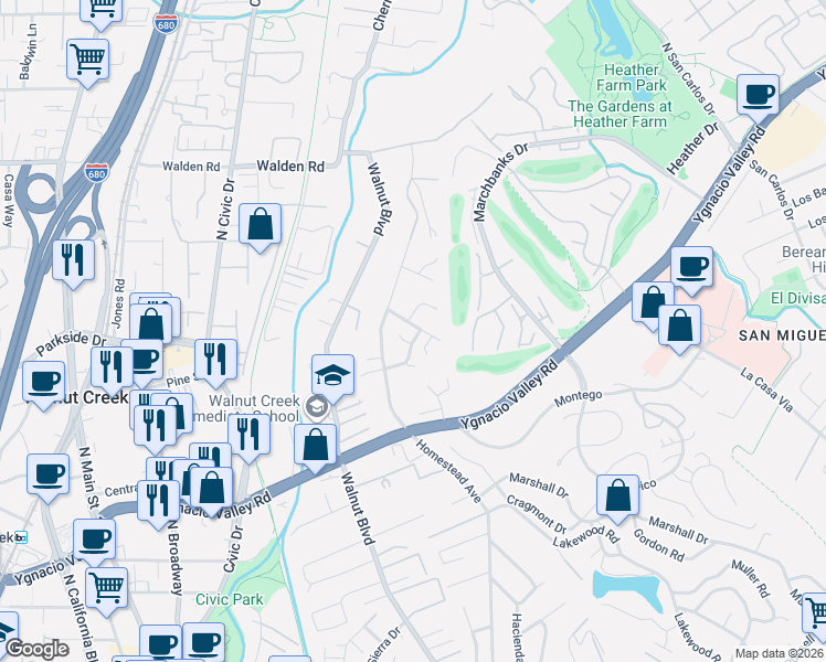 map of restaurants, bars, coffee shops, grocery stores, and more near 1130 Calder Lane in Walnut Creek