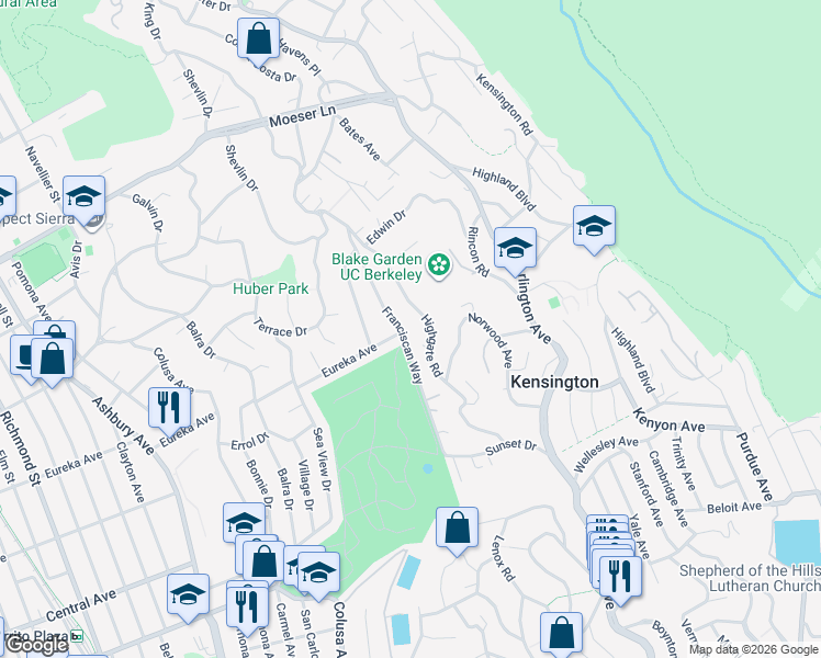 map of restaurants, bars, coffee shops, grocery stores, and more near 51 Franciscan Way in Kensington