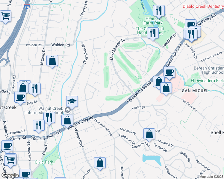 map of restaurants, bars, coffee shops, grocery stores, and more near 311 Masters Court in Walnut Creek