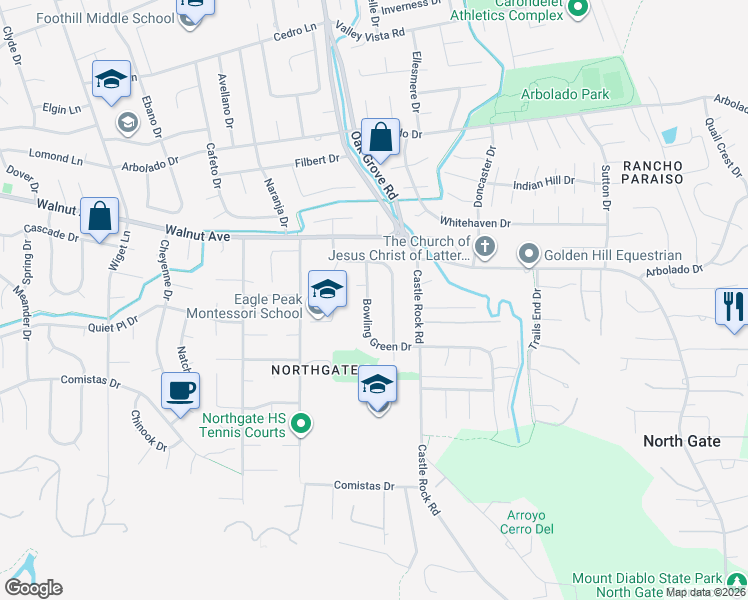 map of restaurants, bars, coffee shops, grocery stores, and more near 2828 Bowling Green Drive in Walnut Creek
