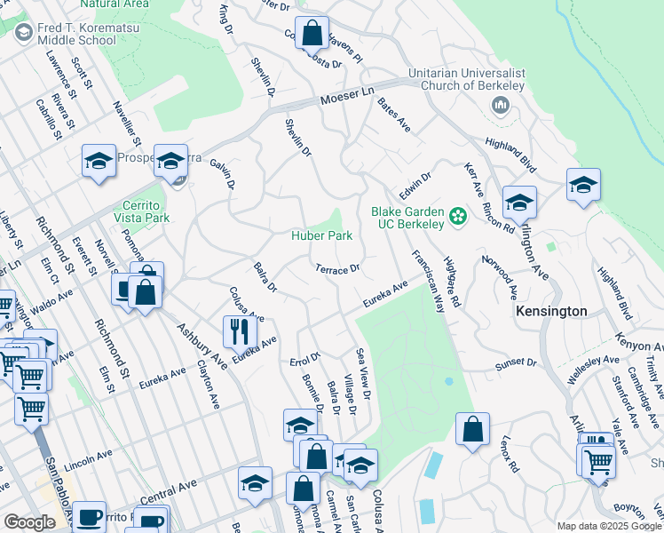 map of restaurants, bars, coffee shops, grocery stores, and more near 7845 Terrace Drive in El Cerrito