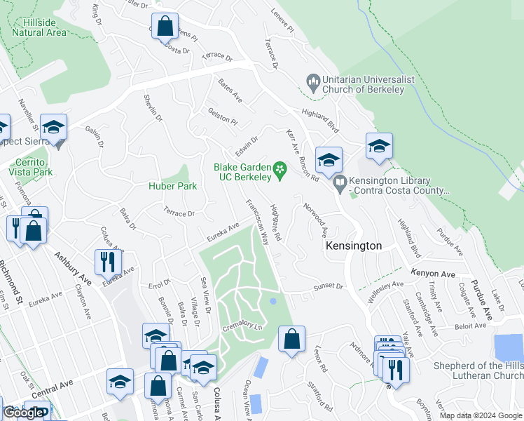 map of restaurants, bars, coffee shops, grocery stores, and more near 51 Franciscan Way in Kensington