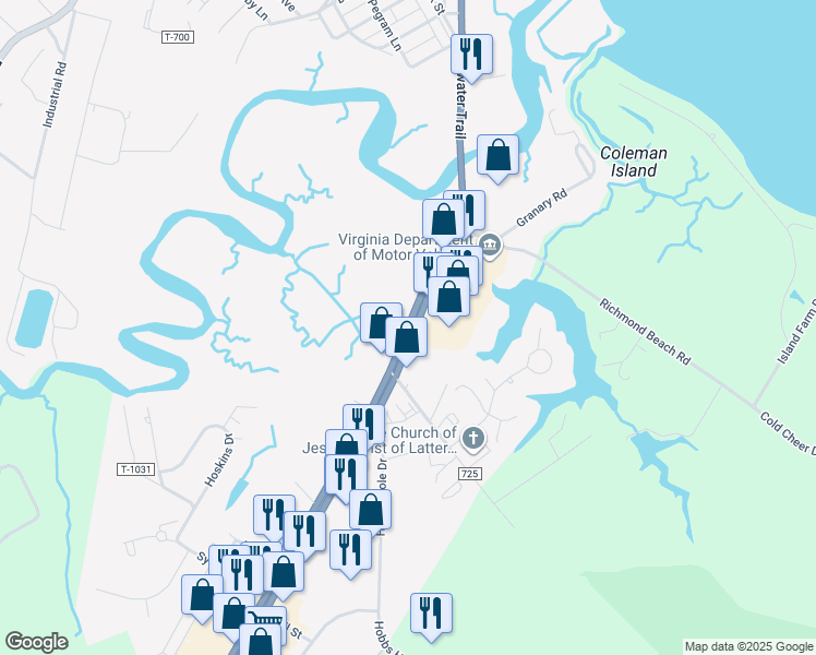 map of restaurants, bars, coffee shops, grocery stores, and more near Tidewater Trail in Tappahannock