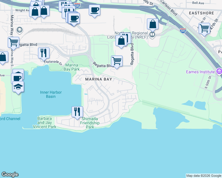 map of restaurants, bars, coffee shops, grocery stores, and more near 161 Marina Lakes Drive in Richmond