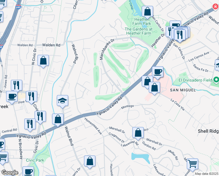 map of restaurants, bars, coffee shops, grocery stores, and more near 243 Masters Court in Walnut Creek