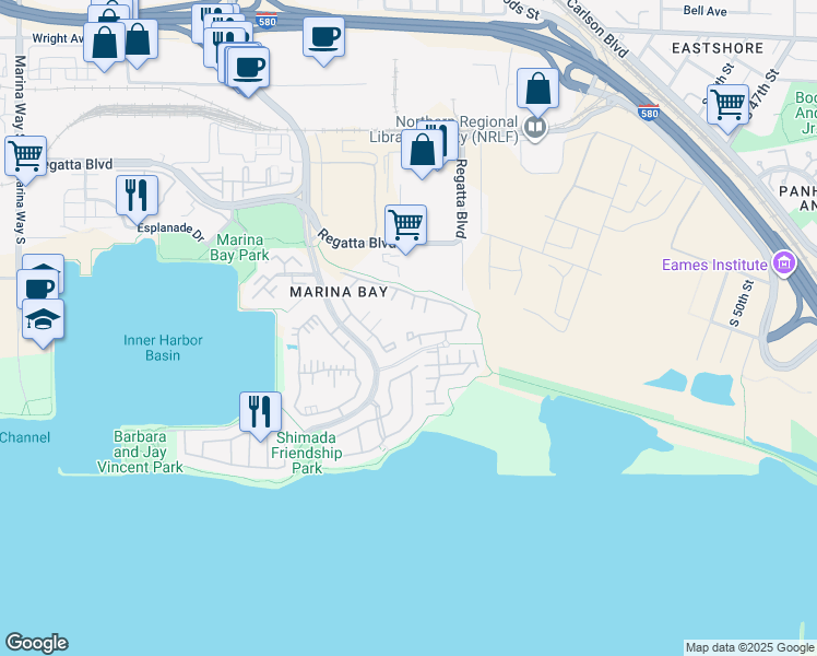 map of restaurants, bars, coffee shops, grocery stores, and more near 89 Bayside Court in Richmond