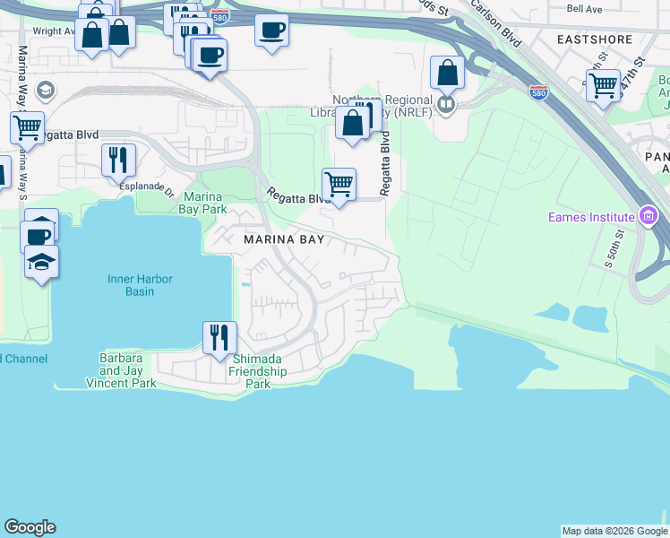 map of restaurants, bars, coffee shops, grocery stores, and more near 177 Marina Lakes Drive in Richmond
