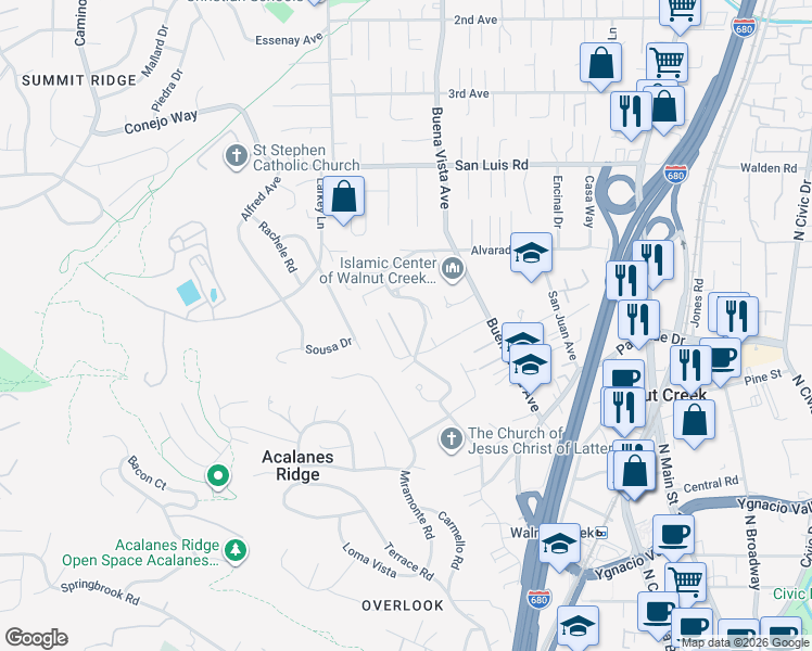 map of restaurants, bars, coffee shops, grocery stores, and more near 2551 Overlook Drive in Walnut Creek