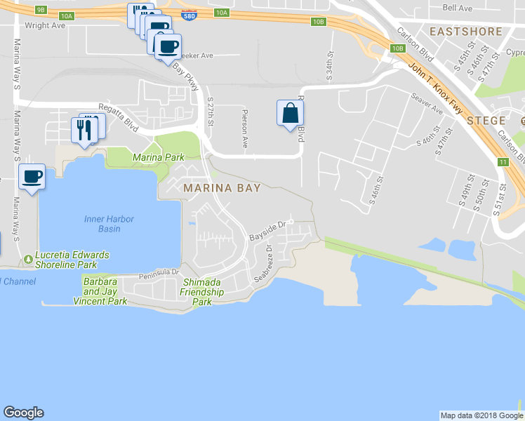 map of restaurants, bars, coffee shops, grocery stores, and more near 177 Marina Lakes Drive in Richmond