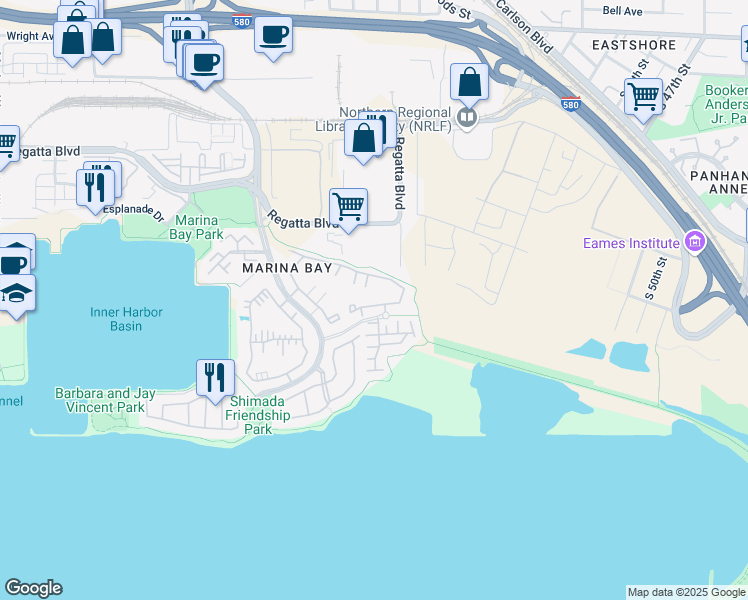 map of restaurants, bars, coffee shops, grocery stores, and more near 10 Bayside Court in Richmond