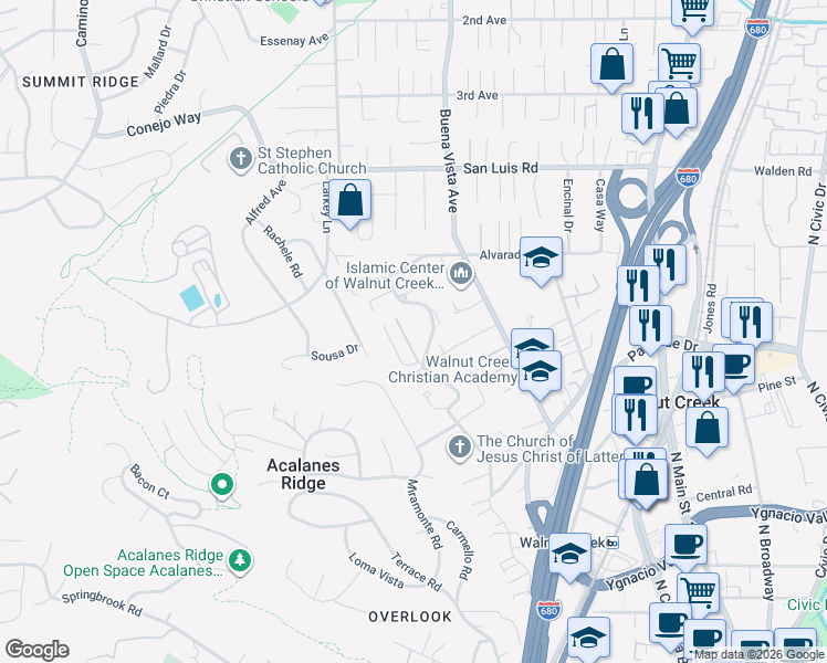 map of restaurants, bars, coffee shops, grocery stores, and more near 2542 Mockingbird Hill Road in Walnut Creek