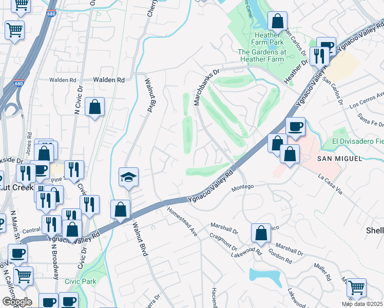map of restaurants, bars, coffee shops, grocery stores, and more near 363 Masters Court in Walnut Creek