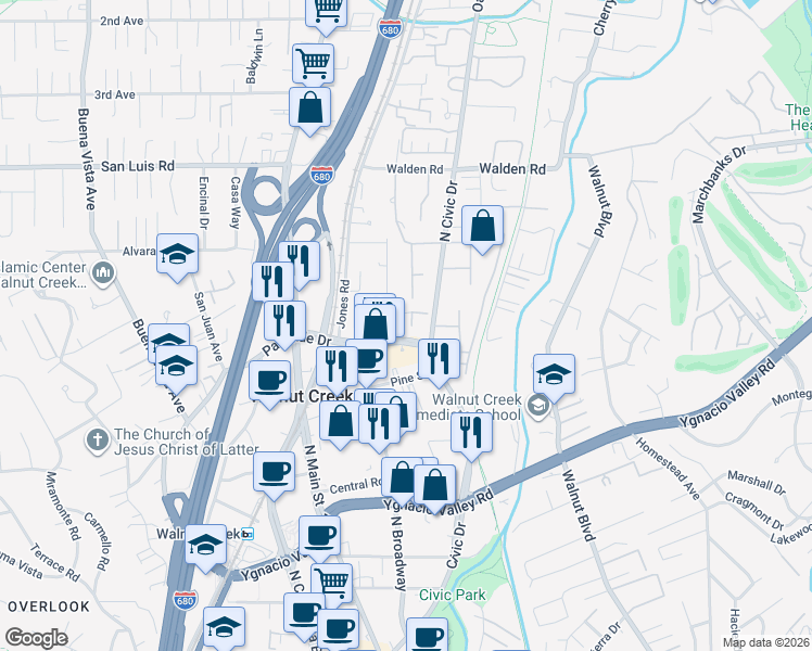 map of restaurants, bars, coffee shops, grocery stores, and more near 327 Preakness Court in Walnut Creek