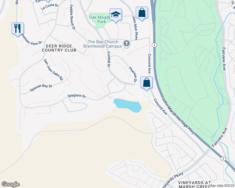 map of restaurants, bars, coffee shops, grocery stores, and more near 2214 Spyglass Drive in Brentwood