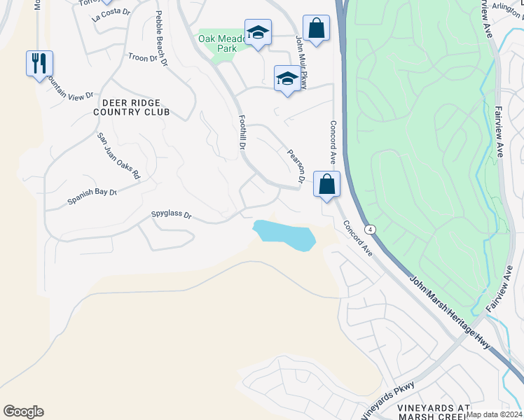 map of restaurants, bars, coffee shops, grocery stores, and more near 2214 Spyglass Drive in Brentwood