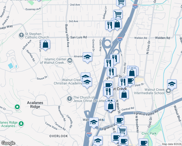 map of restaurants, bars, coffee shops, grocery stores, and more near 527 Gabriel Court in Walnut Creek