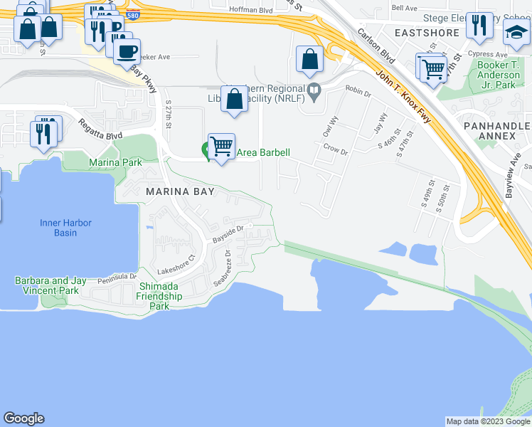 map of restaurants, bars, coffee shops, grocery stores, and more near 192 Bayside Court in Richmond
