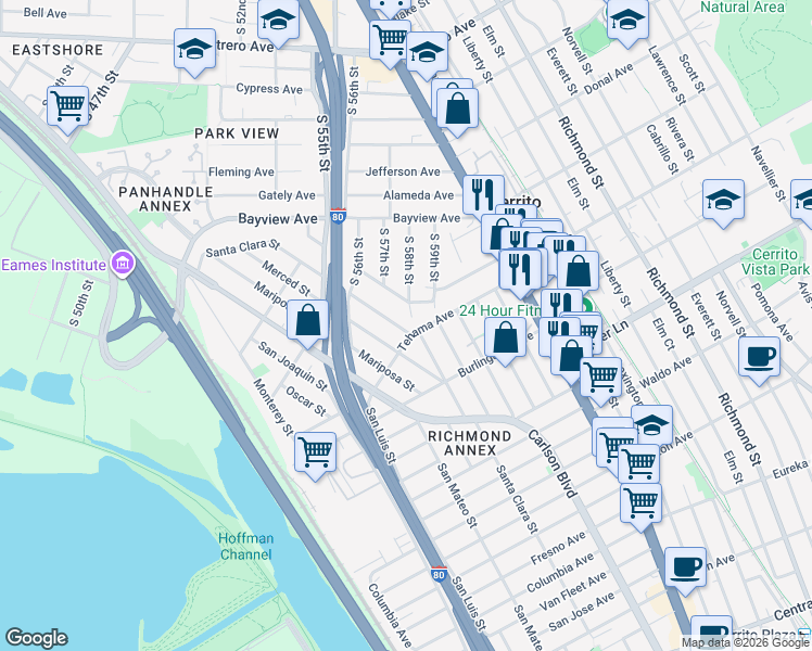map of restaurants, bars, coffee shops, grocery stores, and more near 1564 Santa Clara Street in Richmond