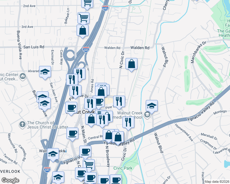 map of restaurants, bars, coffee shops, grocery stores, and more near 302 Preakness Court in Walnut Creek