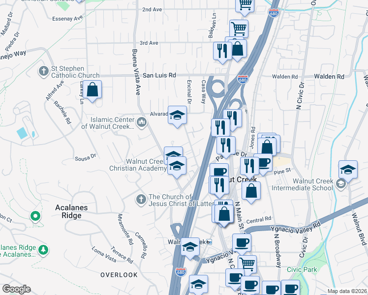 map of restaurants, bars, coffee shops, grocery stores, and more near 527 Gabriel Court in Walnut Creek