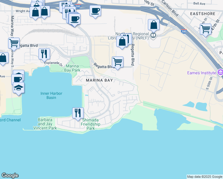 map of restaurants, bars, coffee shops, grocery stores, and more near 177 Marina Lakes Drive in Richmond