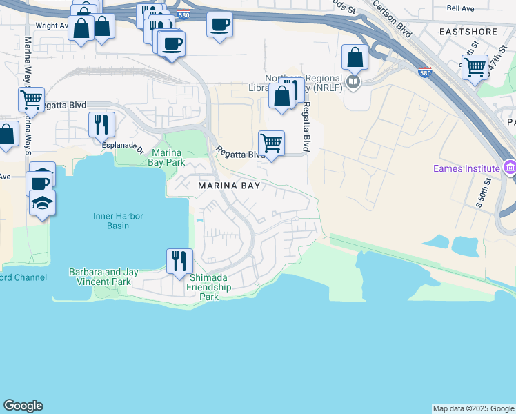 map of restaurants, bars, coffee shops, grocery stores, and more near 165 Marina Lakes Drive in Richmond
