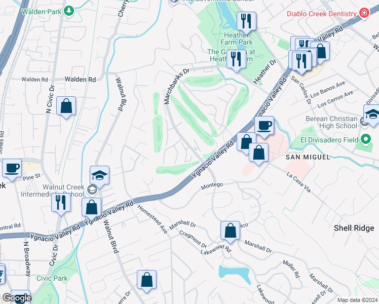 map of restaurants, bars, coffee shops, grocery stores, and more near in Walnut Creek