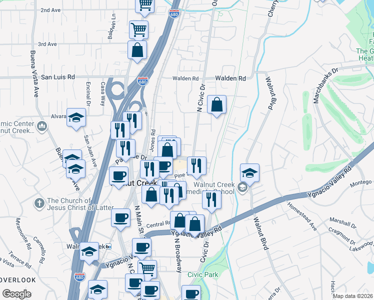 map of restaurants, bars, coffee shops, grocery stores, and more near 615 Preakness Drive in Walnut Creek