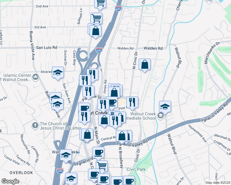 map of restaurants, bars, coffee shops, grocery stores, and more near 589 Pimlico Court in Walnut Creek