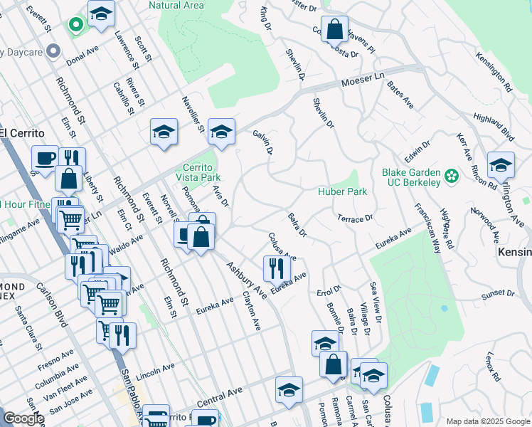 map of restaurants, bars, coffee shops, grocery stores, and more near 831 Balra Drive in El Cerrito