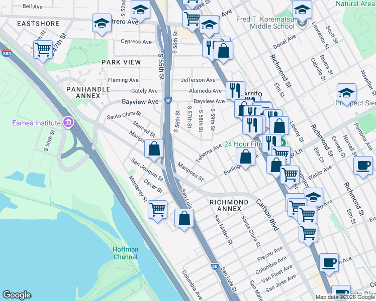 map of restaurants, bars, coffee shops, grocery stores, and more near 1535 Santa Clara Street in Richmond