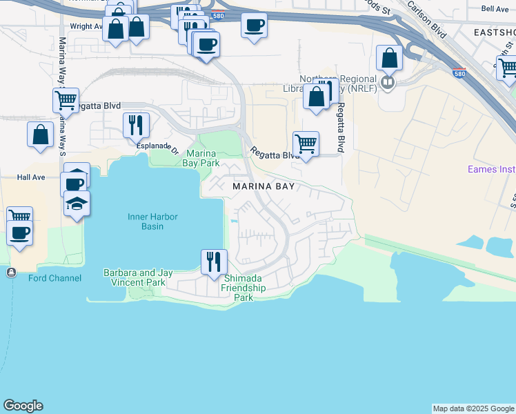 map of restaurants, bars, coffee shops, grocery stores, and more near 248 Marina Lakes Drive in Richmond