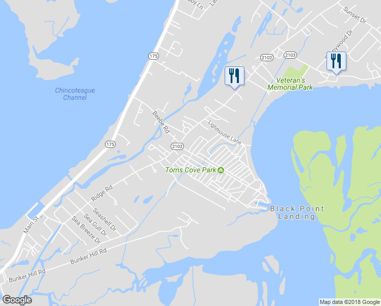 map of restaurants, bars, coffee shops, grocery stores, and more near Beebe Road in Chincoteague Island