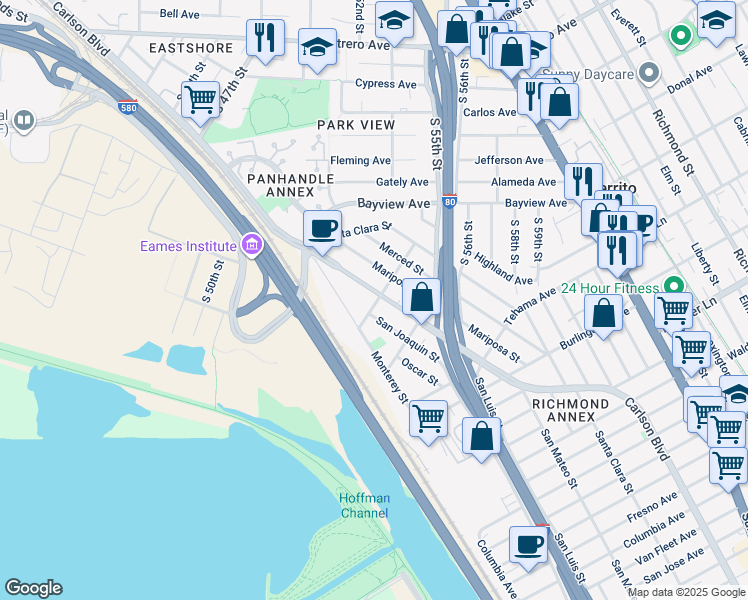 map of restaurants, bars, coffee shops, grocery stores, and more near 5425 Carl Avenue in Richmond