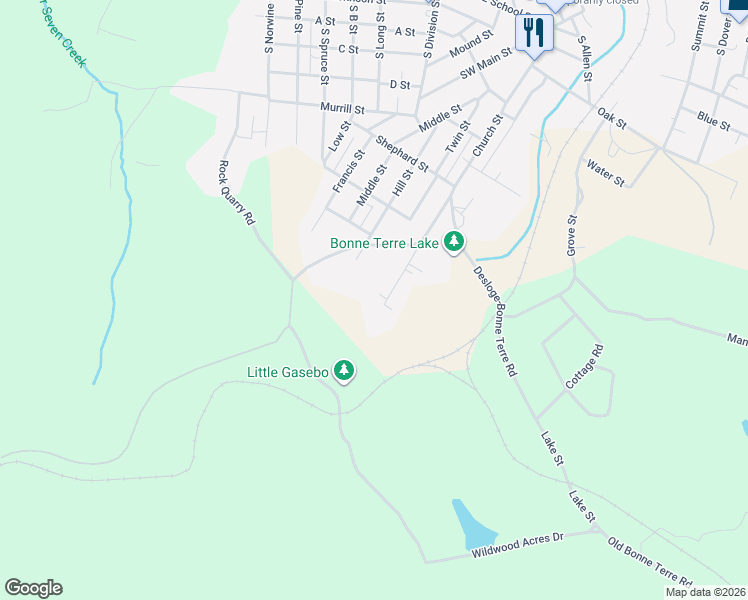 map of restaurants, bars, coffee shops, grocery stores, and more near 339 Church Street in Bonne Terre