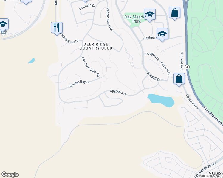 map of restaurants, bars, coffee shops, grocery stores, and more near 2445 Spyglass Drive in Brentwood